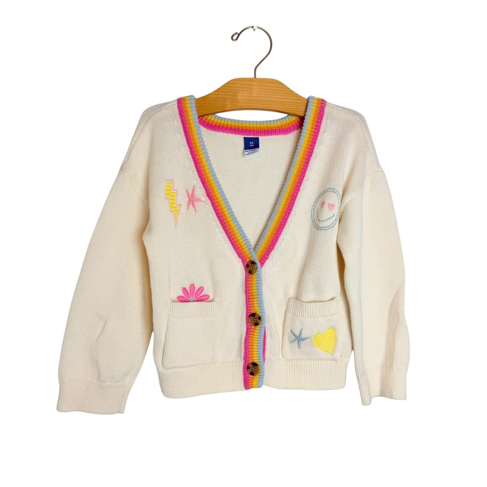 Old Navy Girls XS 5 Cream Rainbow Trim Embroidered Patch Cardigan Sweater